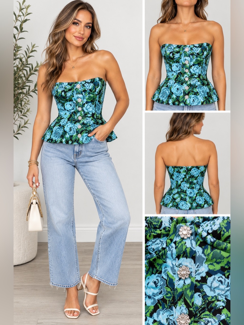 Zara Floral Jacquard Strapless Bustier Corset Peplum Top Blue Green Size S